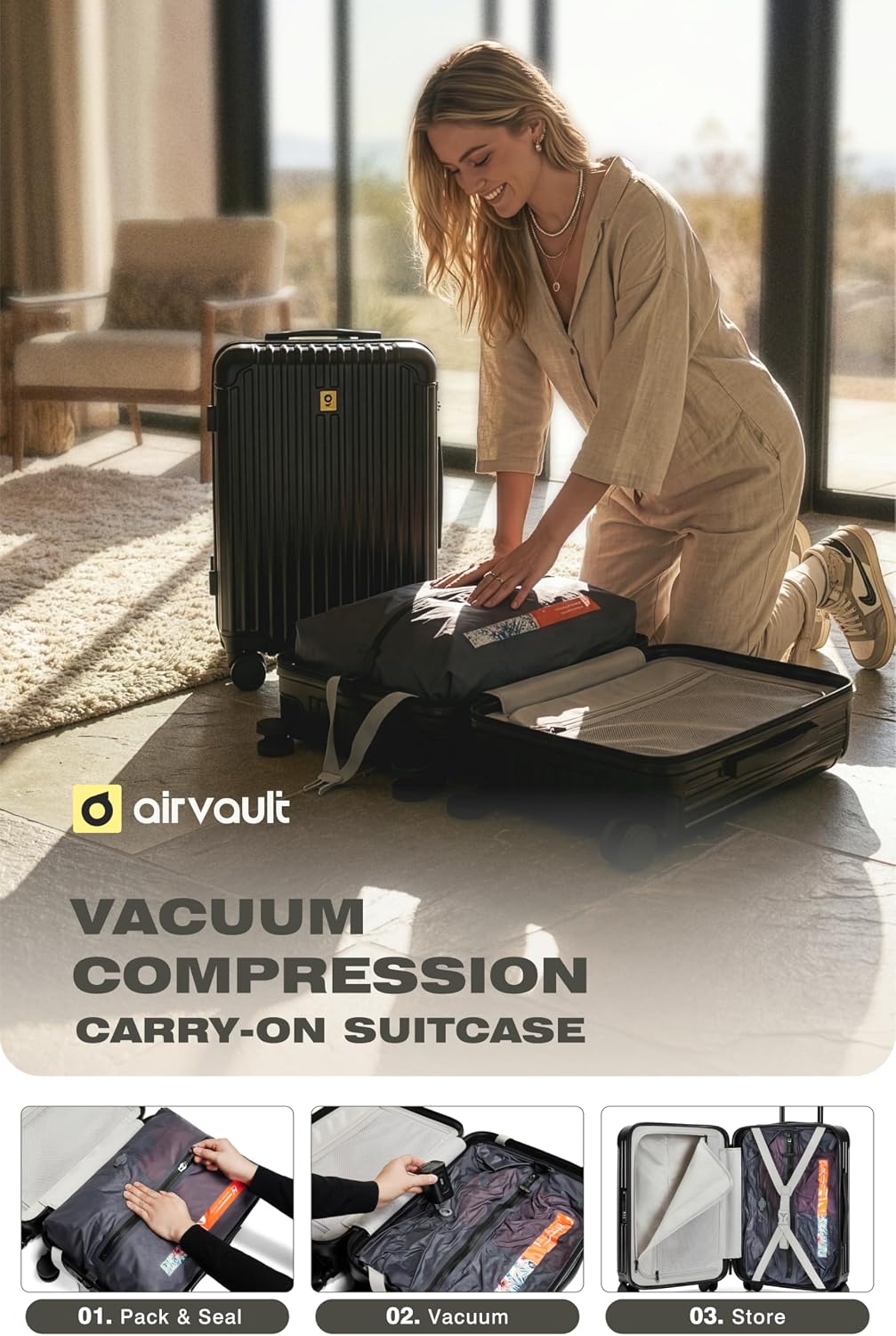 AirVault Vacuum Seal Air Compression 20-Inch Suitcase Carry-On Travel Luggage USB Port Pump TSA Lock Backpack Vacpack 20' - HyperVault, Matte Black, 60L Capacity (1 Vacuum Bag)