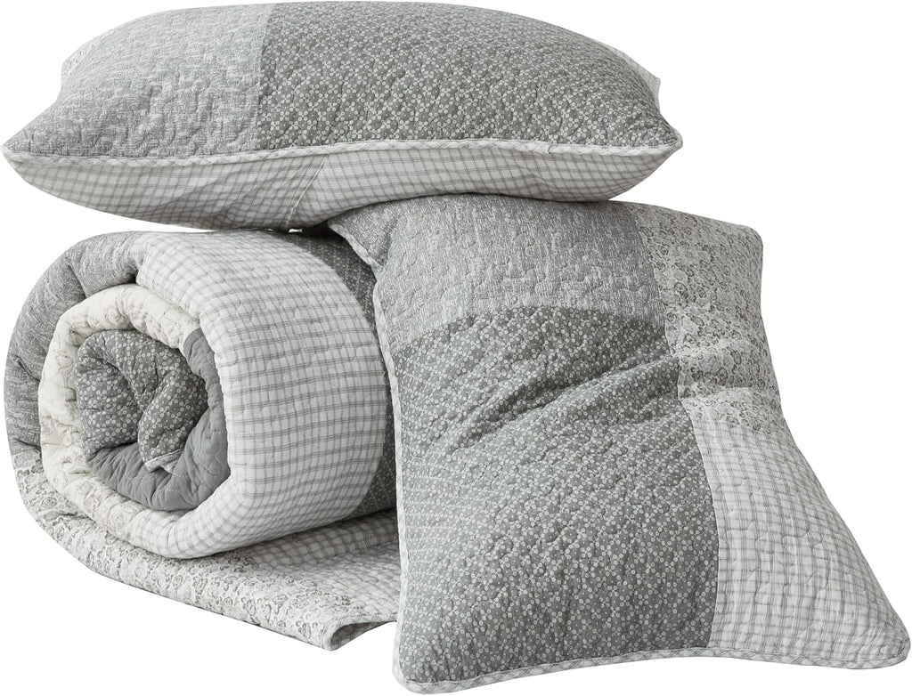 Chezmoi Collection Cooper 3-Piece Muted Gray White Ivory Floral Plaid Patchwork Quilt Set - Pre-Washed Cotton Quilted Lightweight Reversible Bedspread for All Seasons, Oversized King 120x96