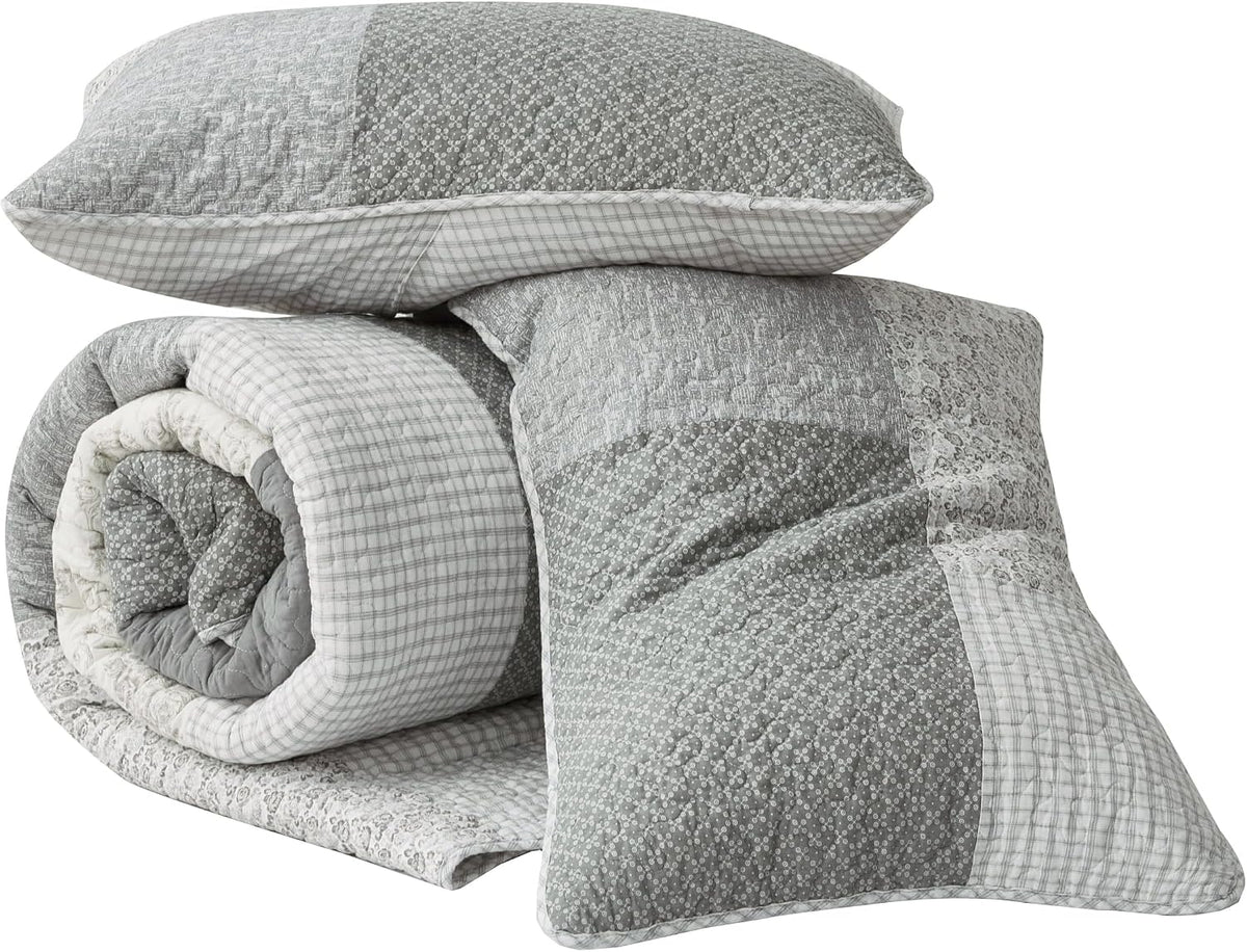 Chezmoi Collection Cooper 3-Piece Muted Gray White Ivory Floral Plaid Patchwork Quilt Set - Pre-Washed Cotton Quilted Lightweight Reversible Bedspread for All Seasons, Oversized King 120x96