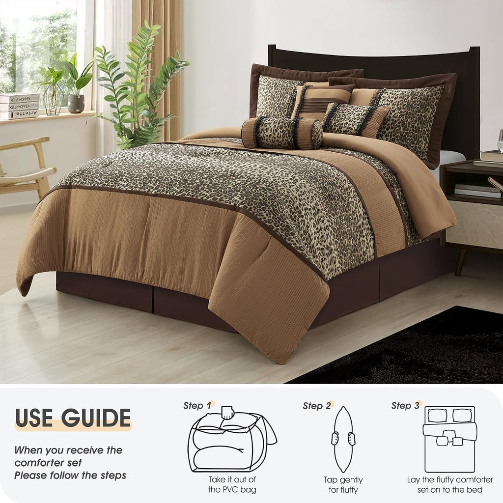 LANCO MODERN LIFESTYLE 7 Piece Full Comforter Set, Brown Leopard Print, Jacquard with Solid Microfiber, All Season Elegant Bedding Set, Include Comforter, Bedskirt, Pillow Shams and Decor Pillows