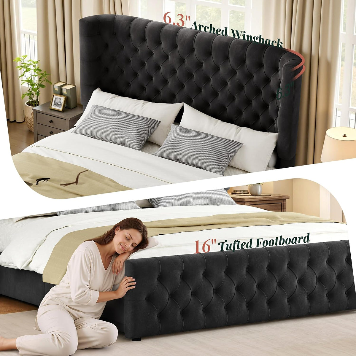 Jocisland King Size Platform Bed Frame, 6.3' Thick Upholstered Curved Wingback Deep Button Tufted Headboard and Footboard, No Box Spring Needed, Easy Assembly, Black Velvet