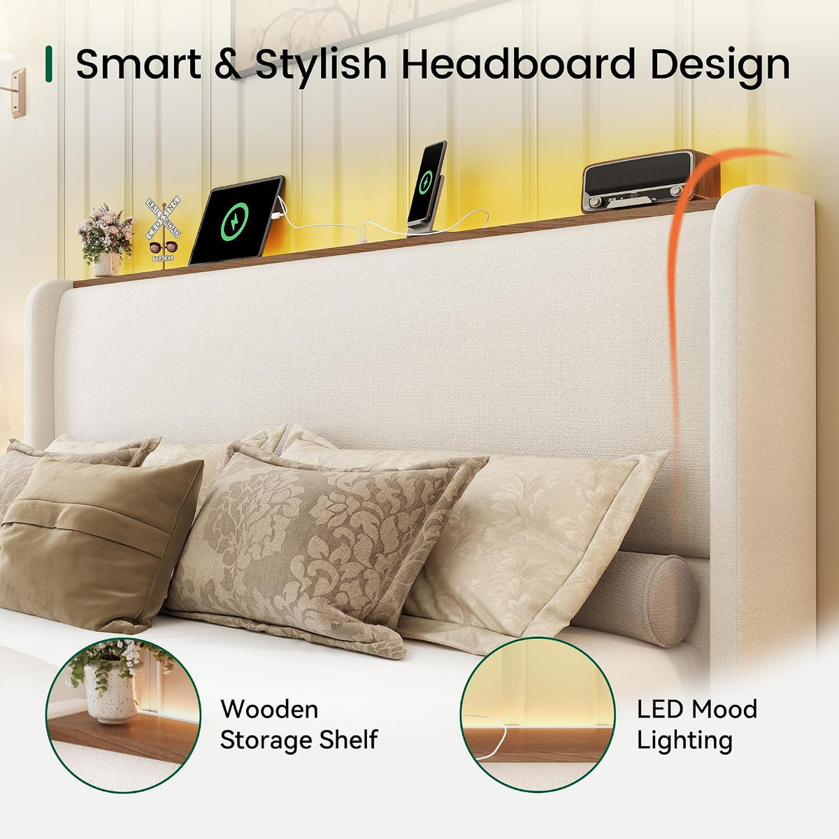 LARMACE King Size Bed Frame with LED Lights and Charging Station Linen Upholstered Platform Bed Frame with 51.2' Tall Wingback Headboard and Storage Shelf, No Box Spring Needed, Easy Assembly, Beige