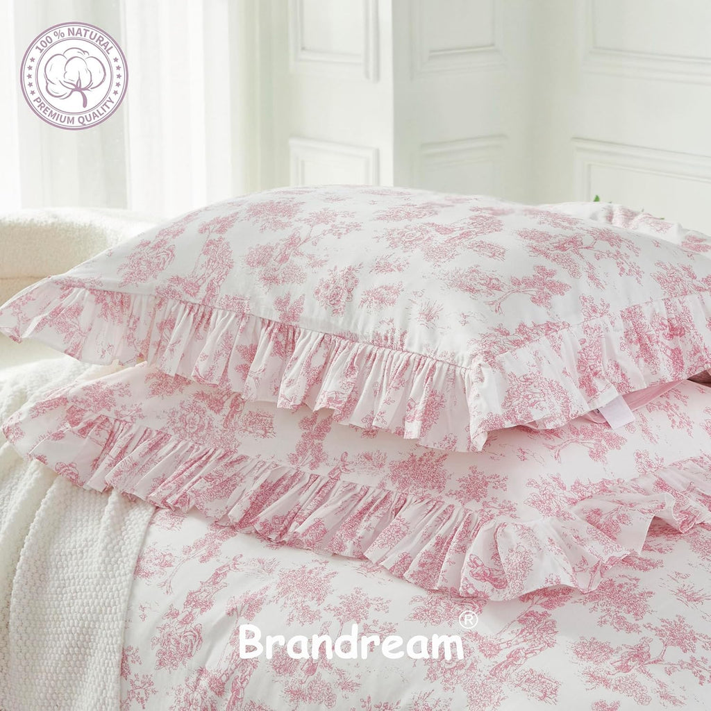 Brandream French Country Toile Queen Duvet Cover Set for Girl Women Bedroom Vintage Pink Toile Floral Print 100% Cotton Duvet Quilt Comforter Cover Pillow Shams Set with Delicate Ruffle Fringe