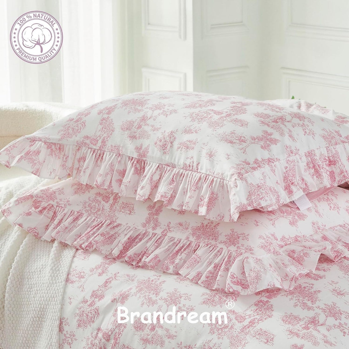 Brandream French Country Toile Duvet Quilt Cover King Size 100% Cotton Bedding Set Toile Tapestry Pattern Garden Floral Printed Blossom Tree Branches Delicate Ruffle Fringe Design