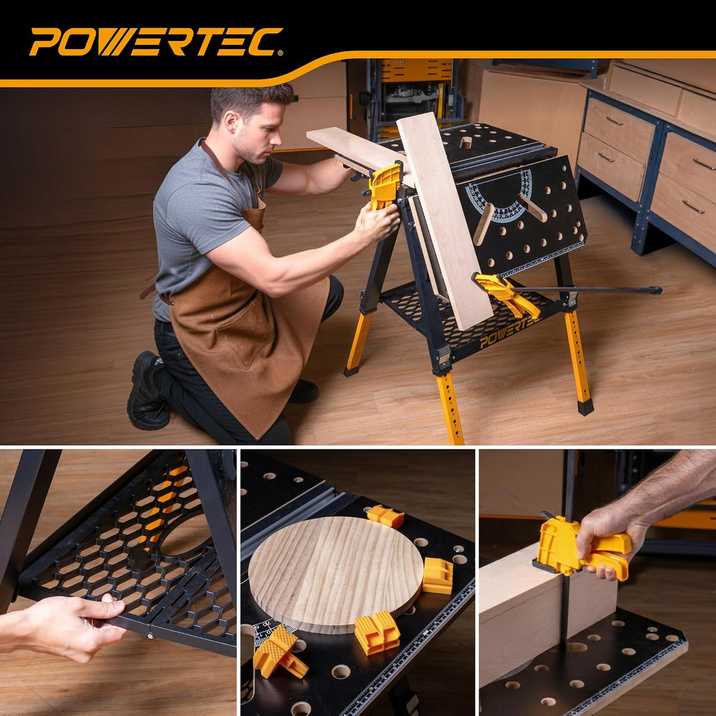 POWERTEC 2-in-1 Folding Work Table & Sawhorse – 1000 lb Capacity Portable Workbench with 8-Level Height Adjustment, Clamps, Bench Dogs & Expandable Support Platform (UT1015)