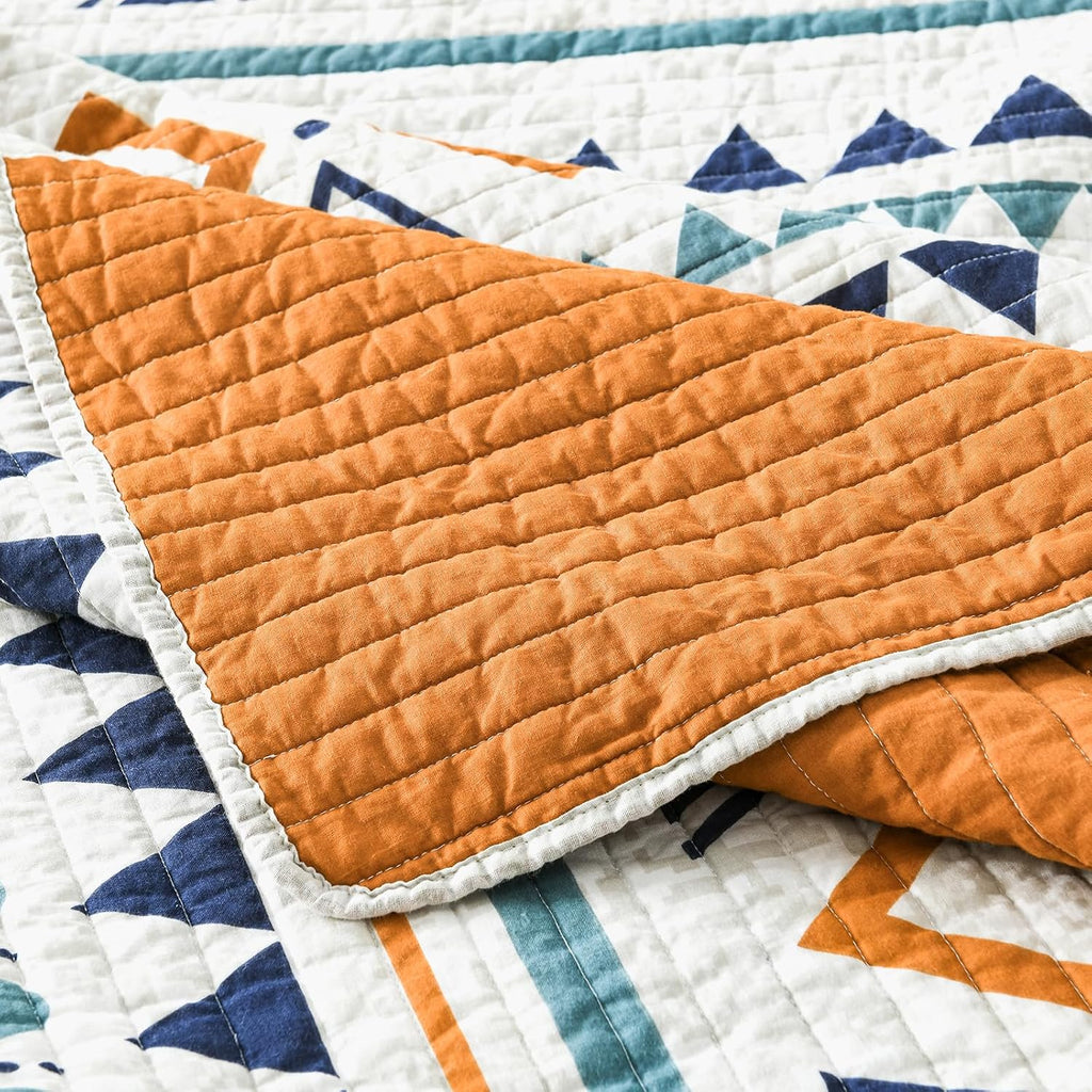 EWlinens Boho King Quilt Set - 100% Cotton Burnt Orange Quilts King Size, Bohemian Blue Lightweight Comforter Bedspread for King Bed, Soft Striped Geometric Quilt Bedding Set for All Season, 3 Pieces