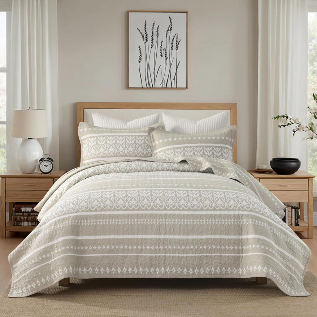 Boho Quilt Set - Boho Striped Quilt Set, 100% Cotton Bohemian Bedspread Set, Lightweight Quilt Bedding Set All Season Coverlet Set, Oatmeal Gray/White,King (106''W × 98''L)