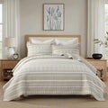 Boho Quilt Set - Boho Striped Quilt Set, 100% Cotton Bohemian Bedspread Set, Lightweight Quilt Bedding Set All Season Coverlet Set, Oatmeal Gray/White,King (106''W × 98''L)