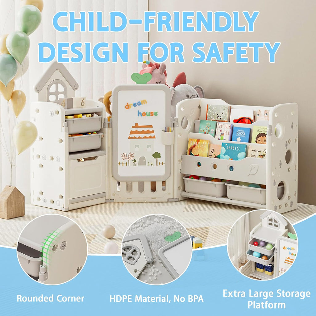 DEYGIA 3 in 1 Kids Toy Storage Organizer with Drawing Board, Foldable Multifunctional Toy Organizer with 4 Removable Bins and 3-Tier Bookshelf for Kids Bedroom Playroom Living Room, Off-White