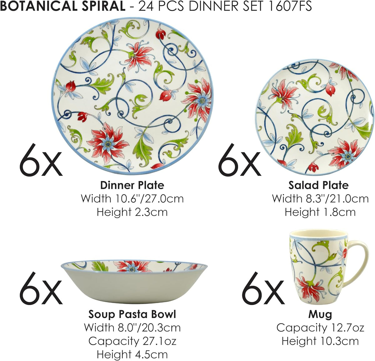 Tudor Royal Collection 24-Piece Round Dinnerware Set, Service for 6, Botanical Design, Summer Flowers, Plates Bowls Mugs Dishes, High-Gloss Premium Quality