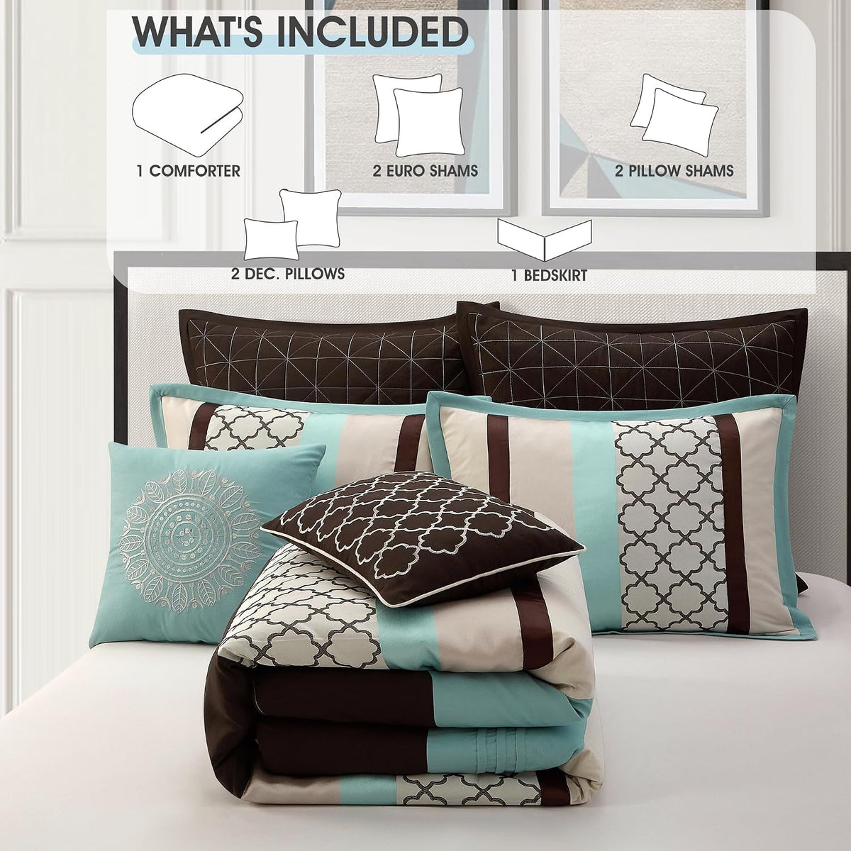LANCO MODERN LIFESTYLE California King Comforter Set, Aqua Brown Bedding Set, Jacquard Woven with Embroidery, 8 Pieces Bed in a Bag, Bed Skirt, Shams and Decorative Pillows