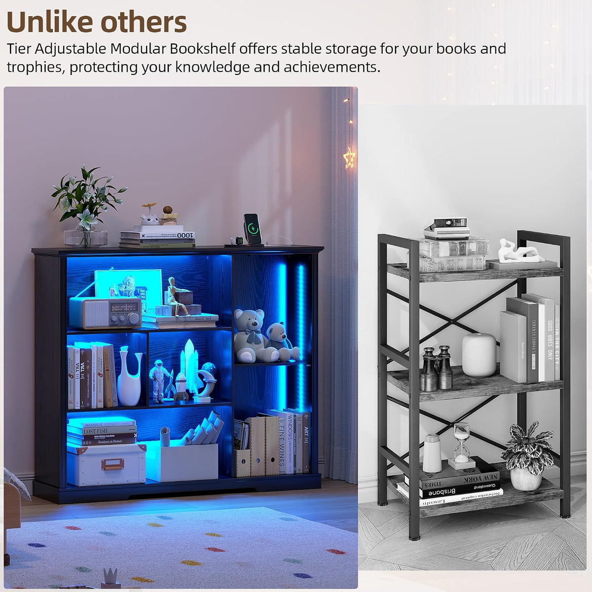 3-Tier LED Bookshelf with Lights - Motion Sensor Bookcase - USB Charging Module - Adjustable Display Shelf for Gaming Room Bedroom Living Room Home Office - 47.24 W x 40 H - Black