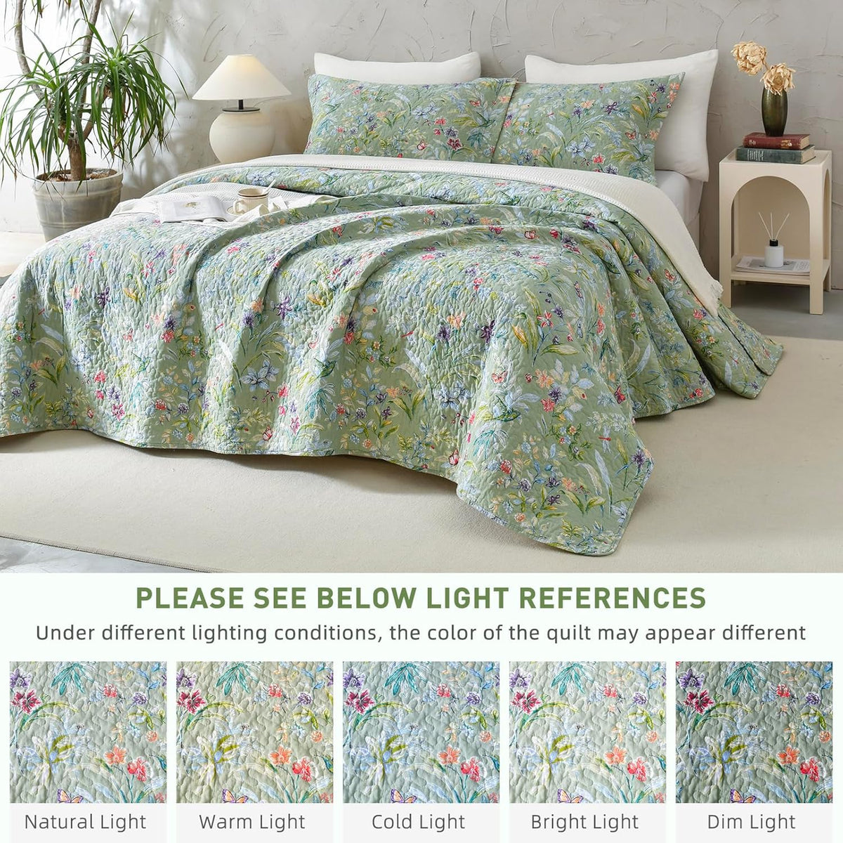 Lady Ann Oversized Cal King Bedspreads 120x120 for Extra Bed, Green Flower Bird Butterfly Print Botanical Bedding, Lightweight 100% Cotton Quilted Coverlet Set with Pillow Shams for All Season, 3 PCS