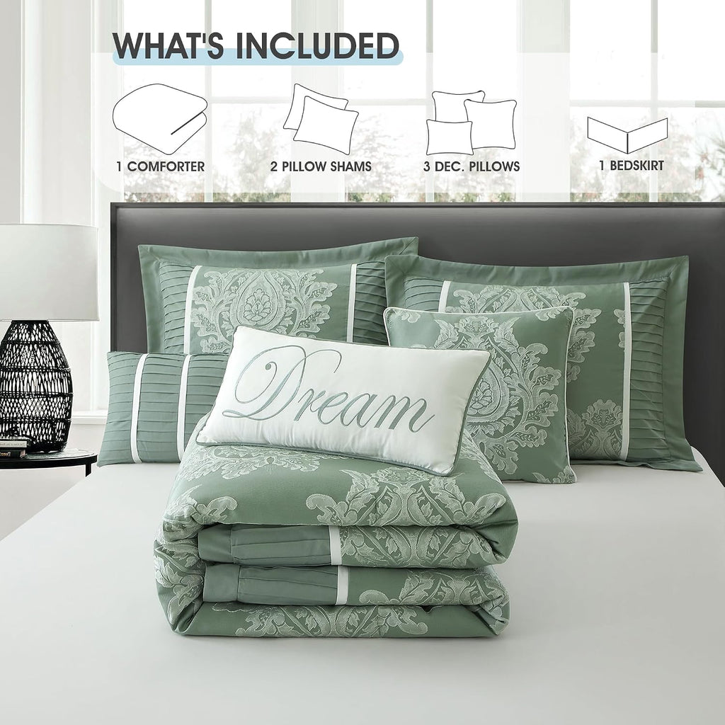 LANCO MODERN LIFESTYLE Sage King Size Comforter Set, 7 Pieces, Jacquard Woven with Damask, Bedding Set in a Bag Includes Comforter, Bed Skirt, Pillow Shams, and Decorative Pillows