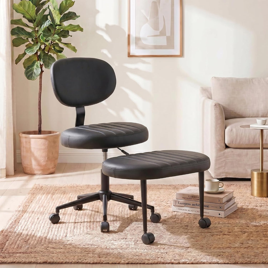 Cross Legged Office Chair with Wheels, 360 Swivel Height-Adjustable Meditation Chair with Lumbar Support, PU Leather, Black
