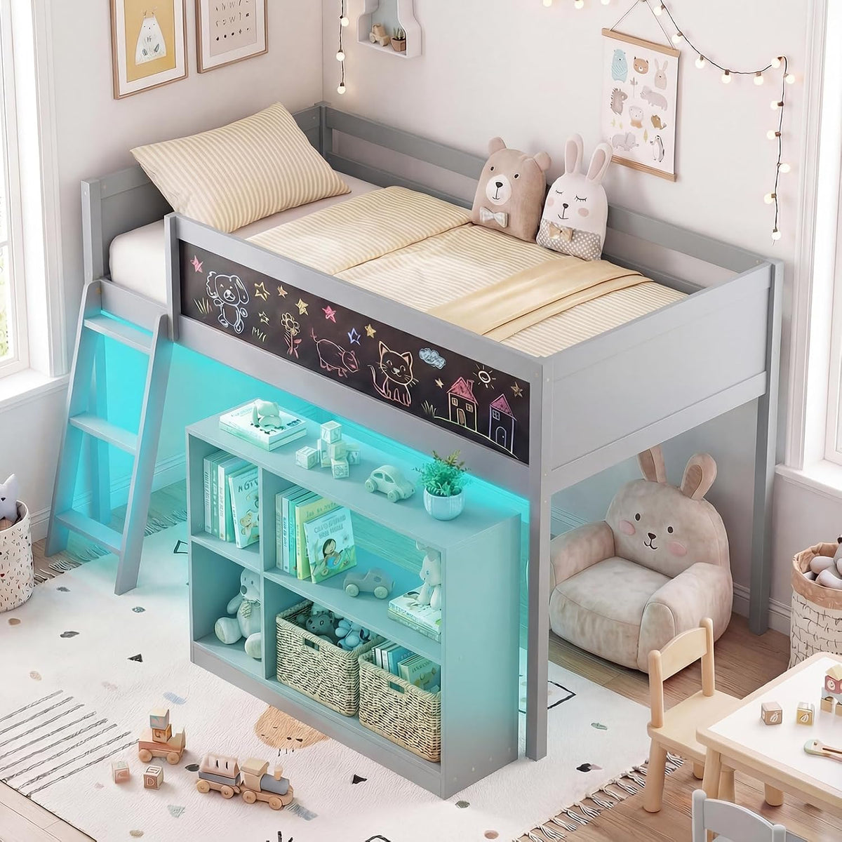 Giantex Low Loft Bed with LED Lights, Twin Size Bed Frames for Kids w/Chalkboard, Removable Bookcase & Under-Bed Storage Space, Wood Loft Beds with Stairs, Safety Guardrail for Girls Boys (Grey)