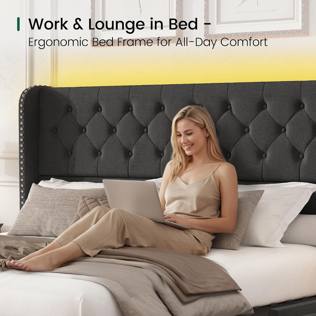 LARMACE King Size Bed Frame with LED Lights and 4 Storage Drawers Linen Upholstered Platform Bed Frame with 47.2' Tall Tufted Headboard Wingback, No Box Spring Needed, Easy to Assemble, Dark Grey