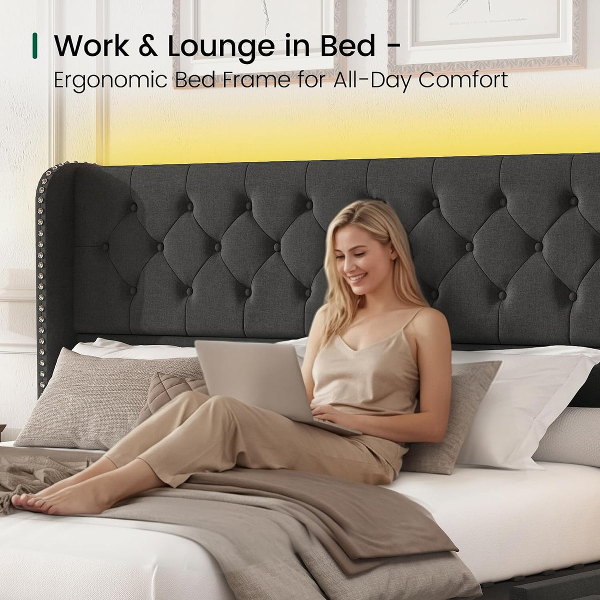 LARMACE King Size Bed Frame with LED Lights and 4 Storage Drawers Linen Upholstered Platform Bed Frame with 47.2' Tall Tufted Headboard Wingback, No Box Spring Needed, Easy to Assemble, Dark Grey