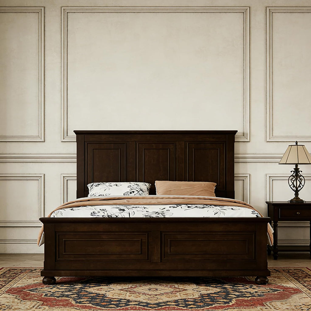Queen Size Solid Wood Platform Bed Frame,Wood Bed with USB Charging Station, Solid Wood Leg/No Box Spring Needed/Noise Free/Brown