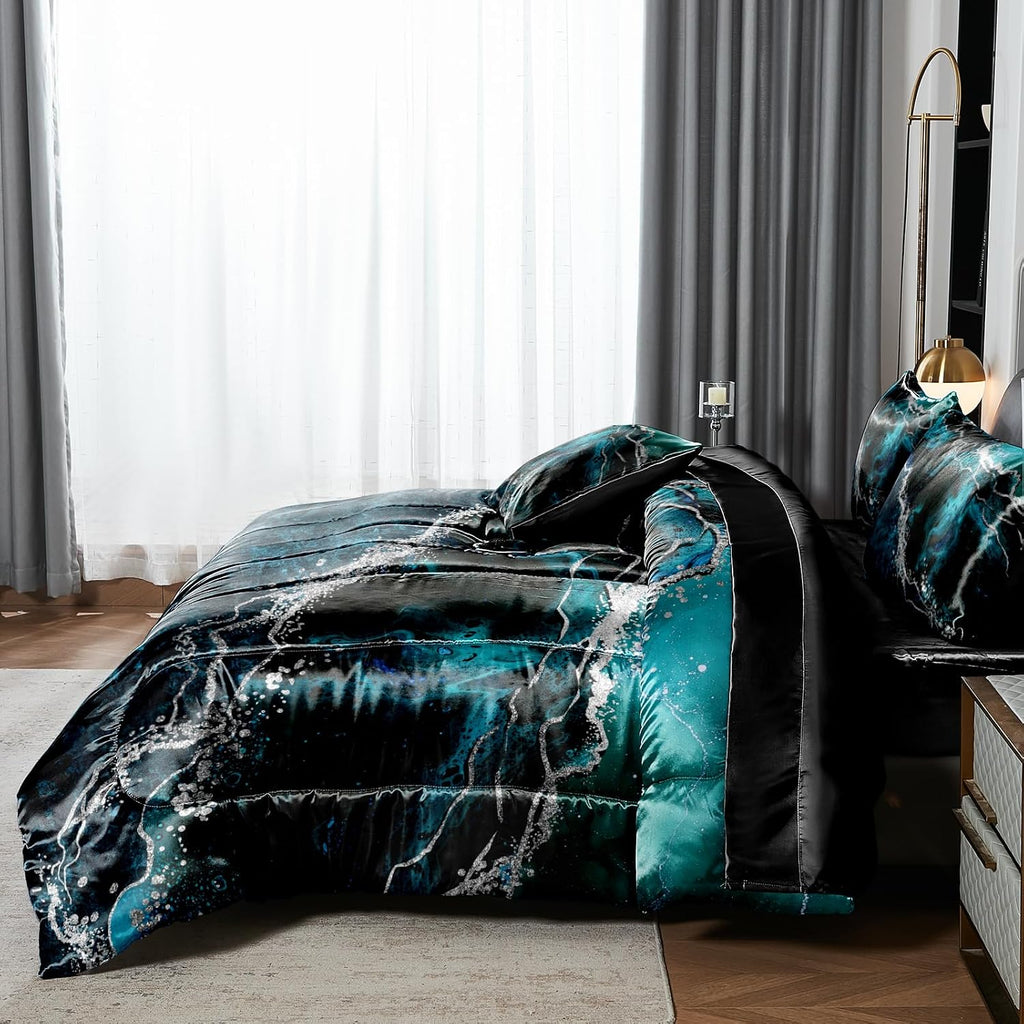Bedorm Blue Marble Comforter Set Queen Silky Satin Bed in A Bag Black Marble Stone Abstract Texture Silk Like Black Satin Bedding Set with Comforter and Sheet Set