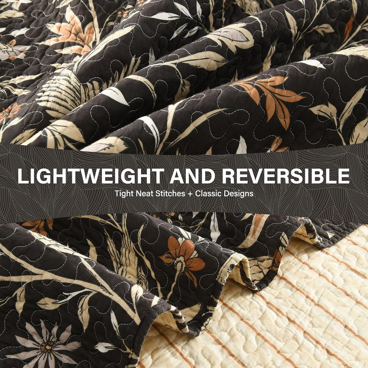 Uniclinens Botanical King Quilt Set, 100% Cotton Quilt Bedding Set Vintage Bird Pattern Bedspreads King Size, Chic Lightweight Quilted Comforter Coverlets, All Season, 3pcs, Dark Chocolate Brown/Beige