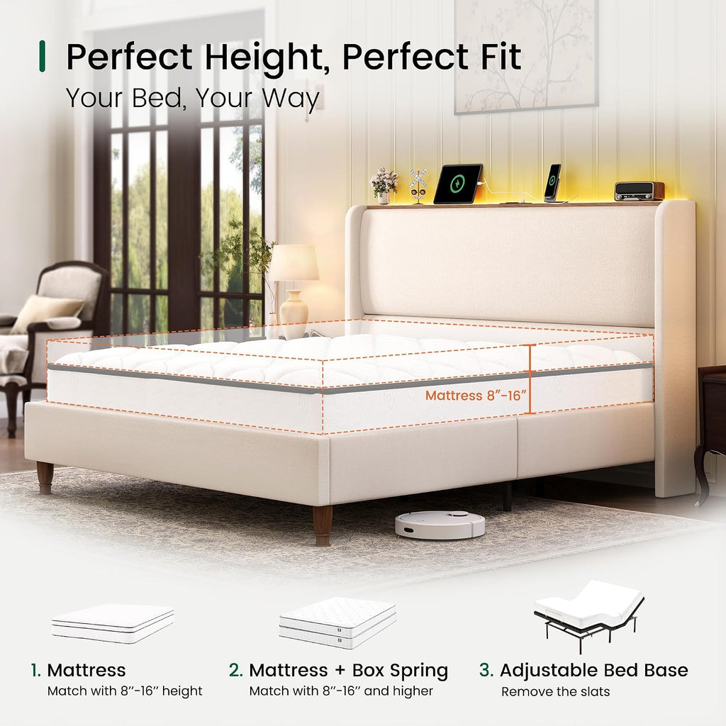 LARMACE King Size Bed Frame with LED Lights and Charging Station Linen Upholstered Platform Bed Frame with 51.2' Tall Wingback Headboard and Storage Shelf, No Box Spring Needed, Easy Assembly, Beige