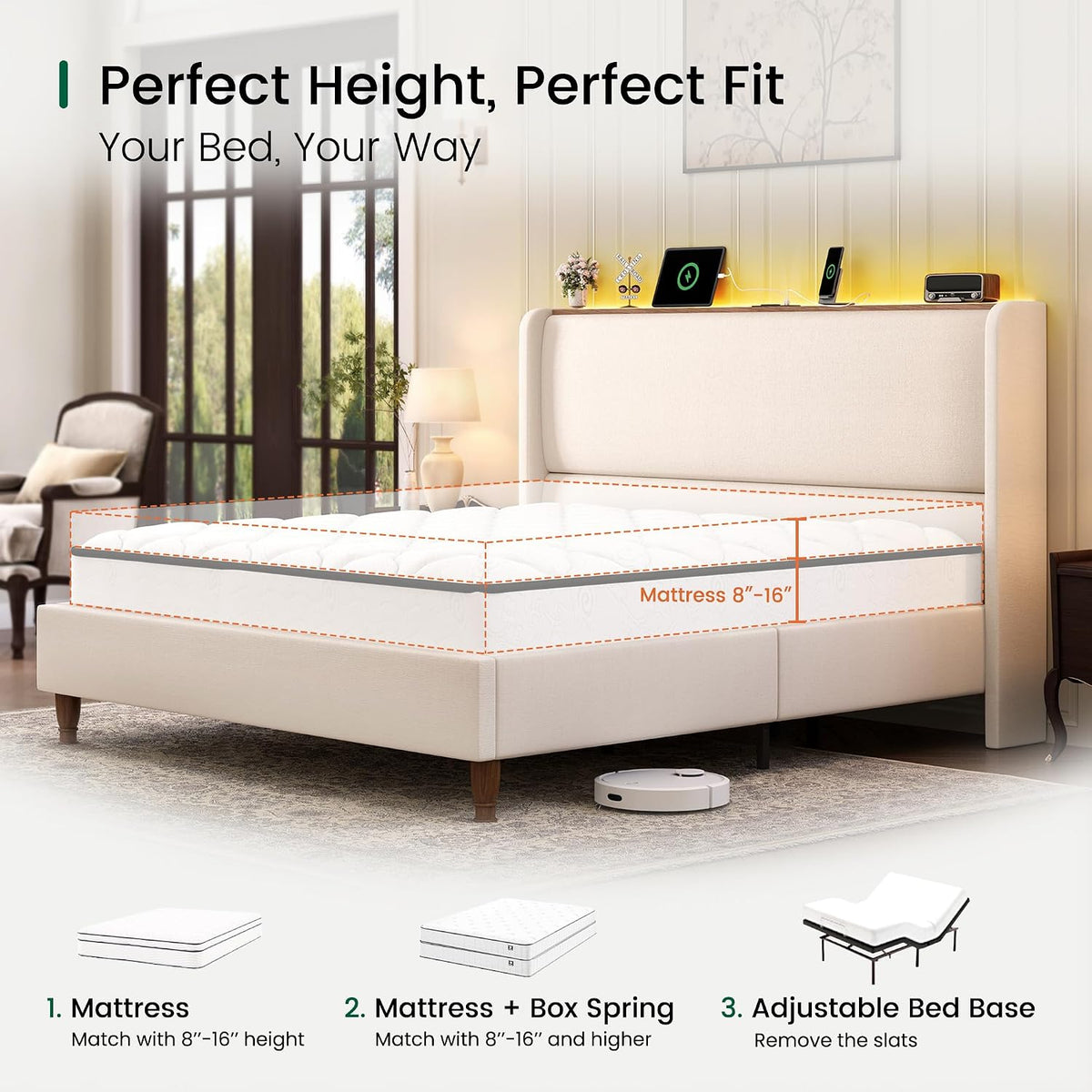 LARMACE King Size Bed Frame with LED Lights and Charging Station Linen Upholstered Platform Bed Frame with 51.2' Tall Wingback Headboard and Storage Shelf, No Box Spring Needed, Easy Assembly, Beige