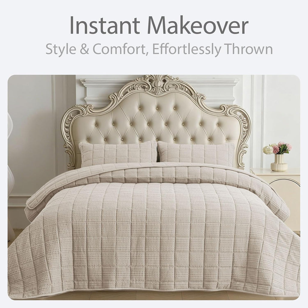 120x128 Cotton Quilt Bedding Set Oversized King Size Quilted Bedspread Sets with 2 Shams,3 Pieces Lightweight Soft Bedding Sets for All Season,Khaki