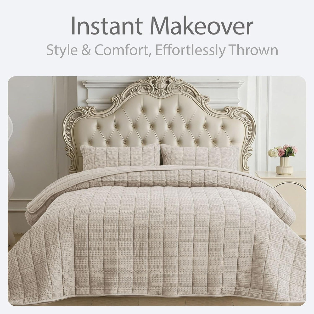 120x128 Cotton Quilt Bedding Set Oversized King Size Quilted Bedspread Sets with 2 Shams,3 Pieces Lightweight Soft Bedding Sets for All Season,Khaki