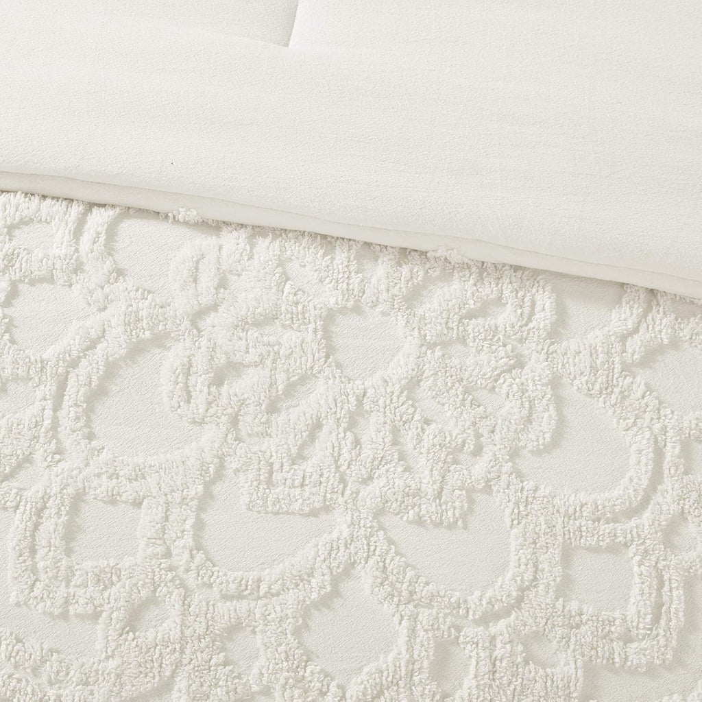 Madison Park Laetitia Comforter Bohemian Tufted Cotton Chenille, Medallion Shabby Chic All Season Down Alternative Bed Set with Matching Shams, Floral Off White Full/Queen(90'x90') 3 Piece