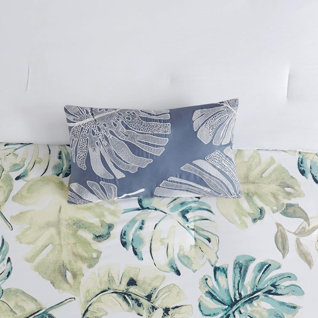 Harbor House Cozy Cotton Comforter Set - Coastal, All Season Down Alternative Casual Bedding with Matching Shams, Decorative Pillows, Lorelai, Monstera Leaf Green Queen(92'x96') 6 Piece