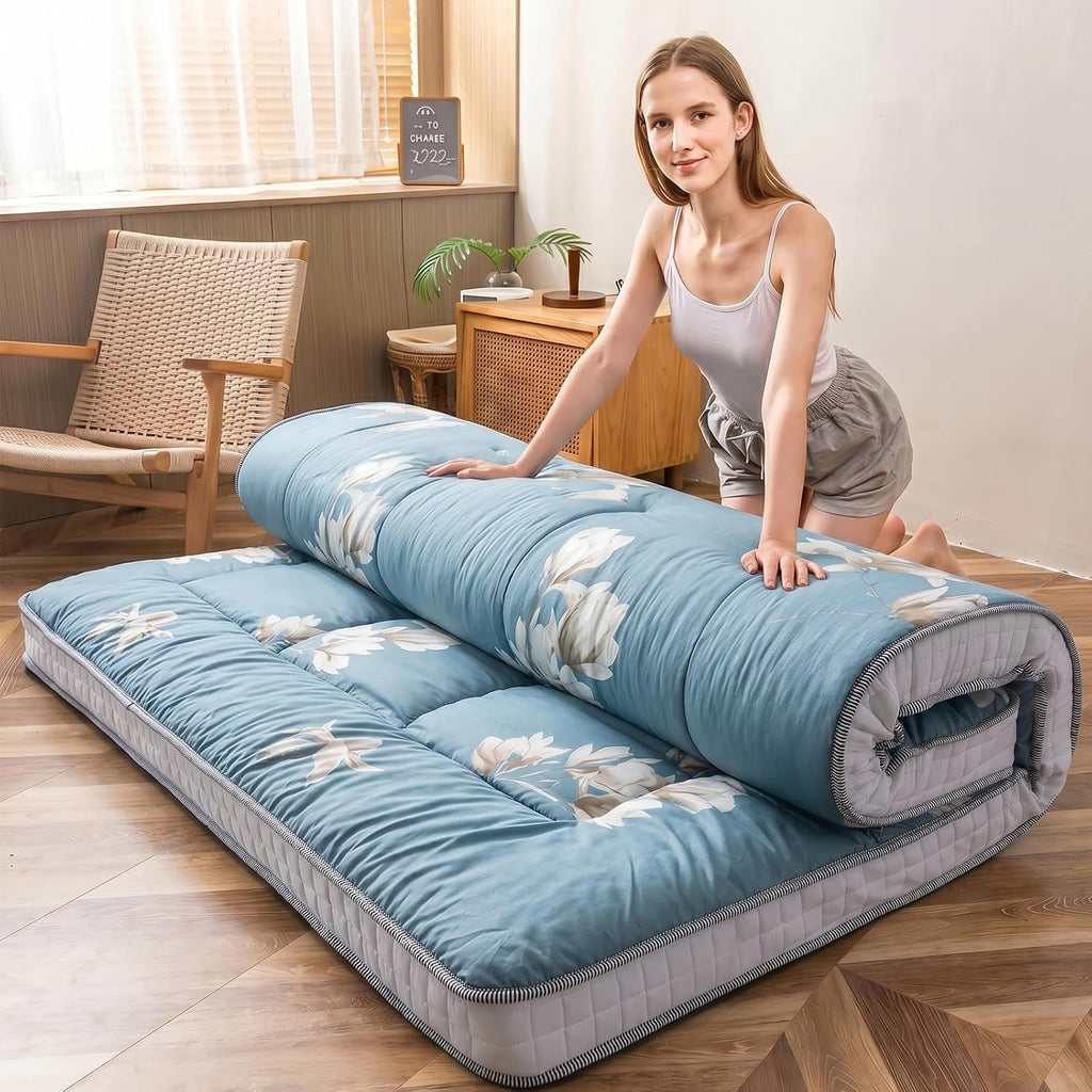 MAXYOYO Floral Printed Futon Mattress, Padded Japanese Floor Mattress Quilted Mattress Topper, Extra Thick Folding Sleeping Pad Breathable Floor Lounger Guest Couch for Camping, Queen Size