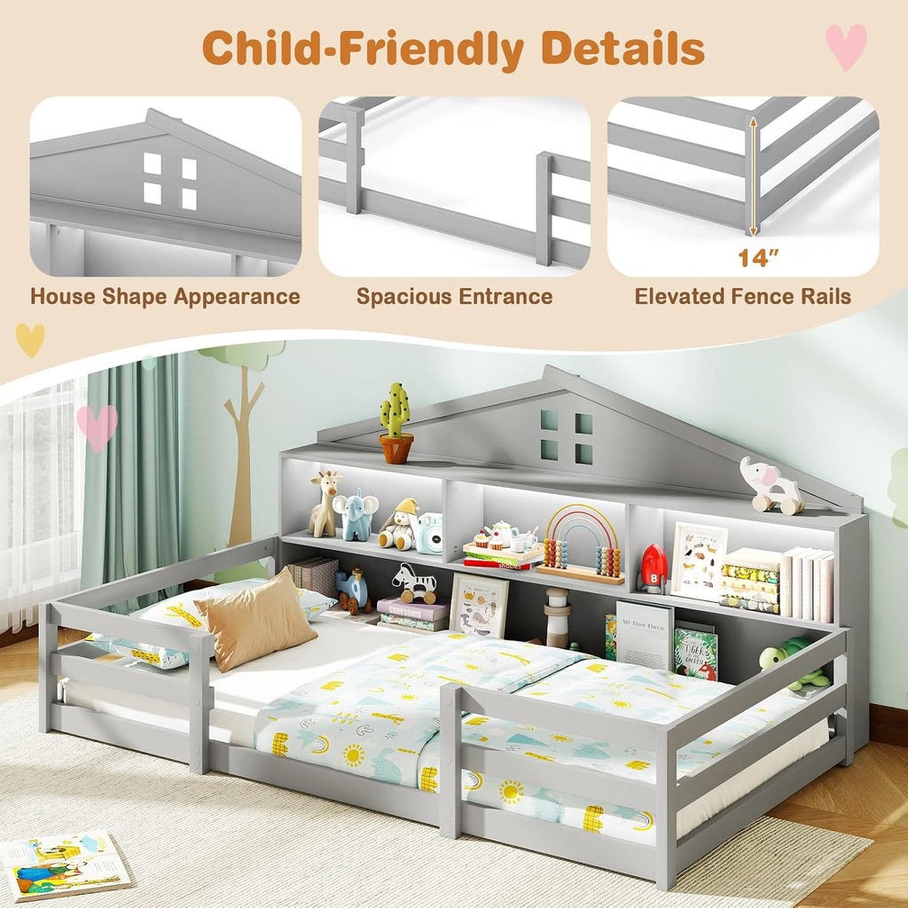 KOMFOTT Twin Floor Bed with Bookcase & LED Light, Wood Bed Frame with Bedside Bookshelves & Guardrails, Versatile 2-in-1 Montessori Floor Bed for Kids (Grey)
