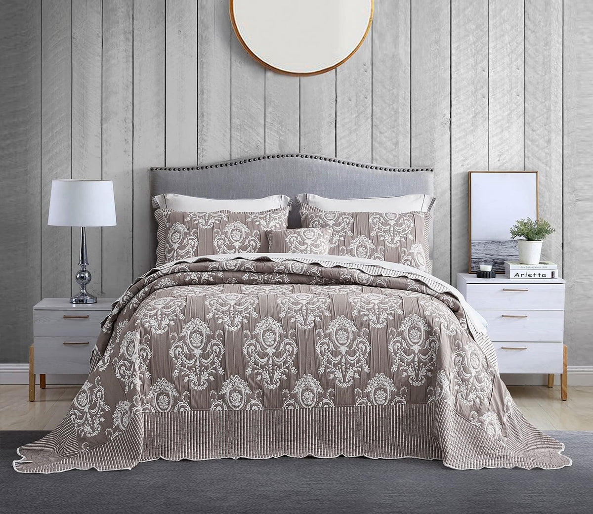 HZ & HY Oversized King Bedspread 128x120 Extra Wide, Jacquard Matelasse Damask Pattern Design, Lightweight, Reversible, 5 Piece, 100% Microfiber, Tan Brown