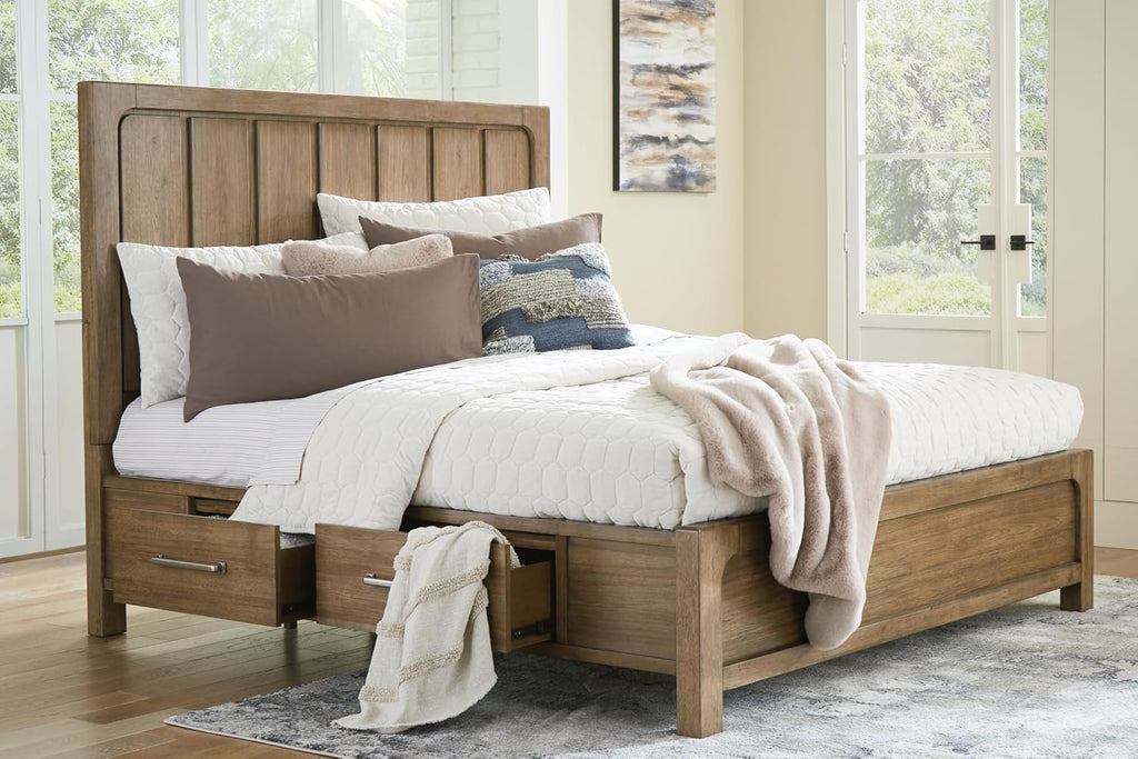 Signature Design by Ashley Cabalynn Modern 4-Drawer Queen Platform Bed with Storage, Foundation or Box Spring Not Needed, Light Brown