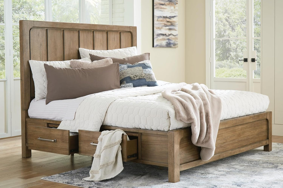 Signature Design by Ashley Cabalynn Modern 4-Drawer Queen Platform Bed with Storage, Foundation or Box Spring Not Needed, Light Brown
