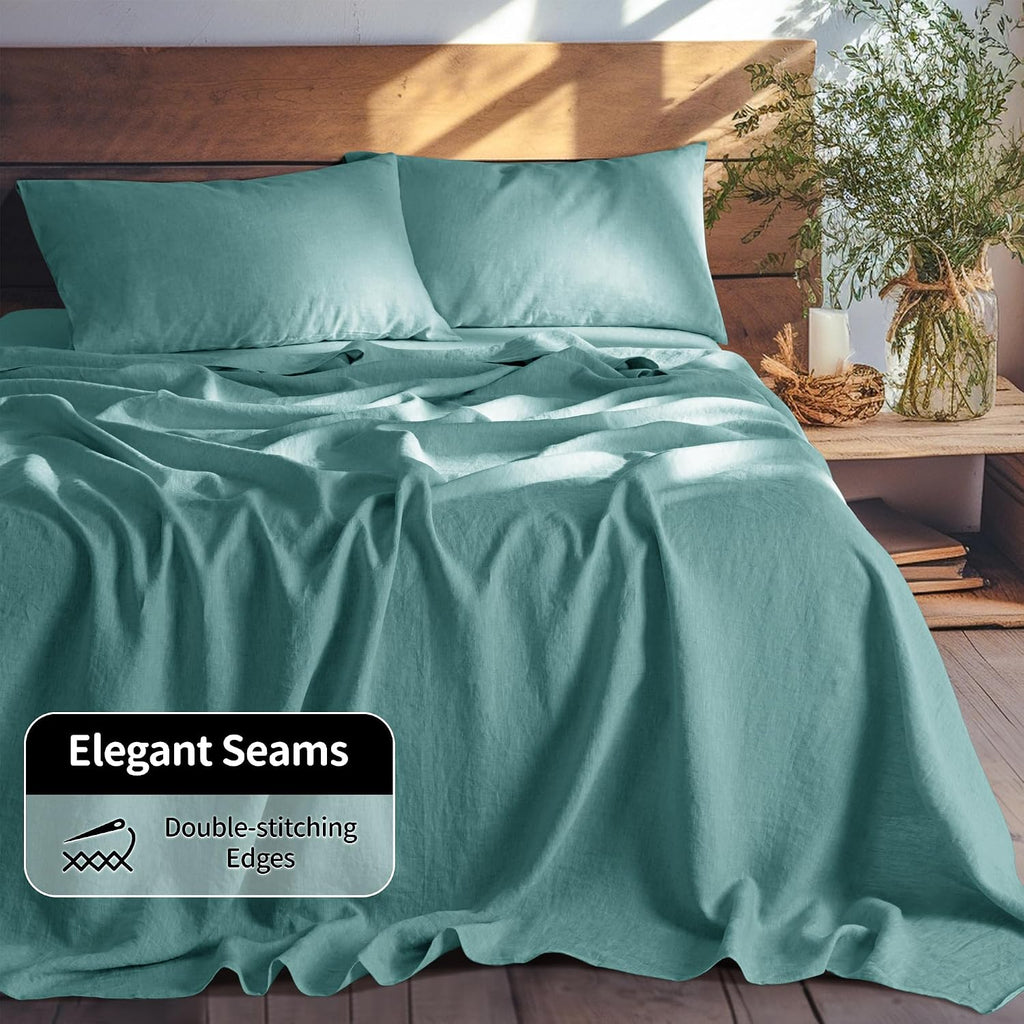 LBRO2M 100% Pure Linen Sheet Set Deep Pocket Up to 16' Bed Sheets Sets, Natural Flax Beddings Soft, Breathable, Comfortable for All Seasons Twin XL Size, Aqua