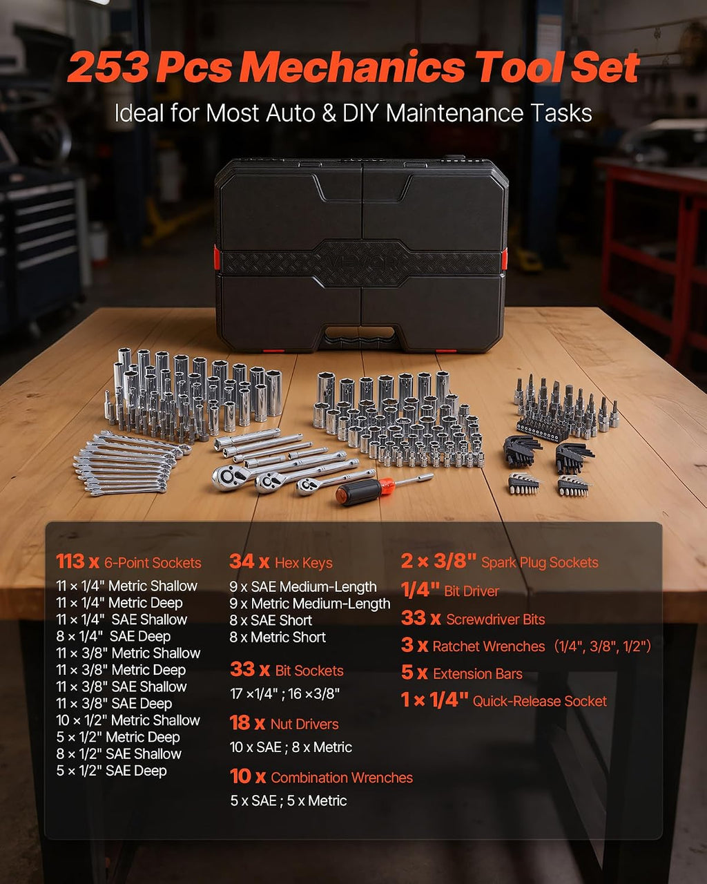 VEVOR Mechanics Tool Set, 253-Piece Mechanic Tool Kit, 1/4 in, 3/8 in, and 1/2 in Drive, SAE and Metric Socket Set, Wrenches, Screwdriver Bits, Accessories, and Storage Case, for Automotive Repair