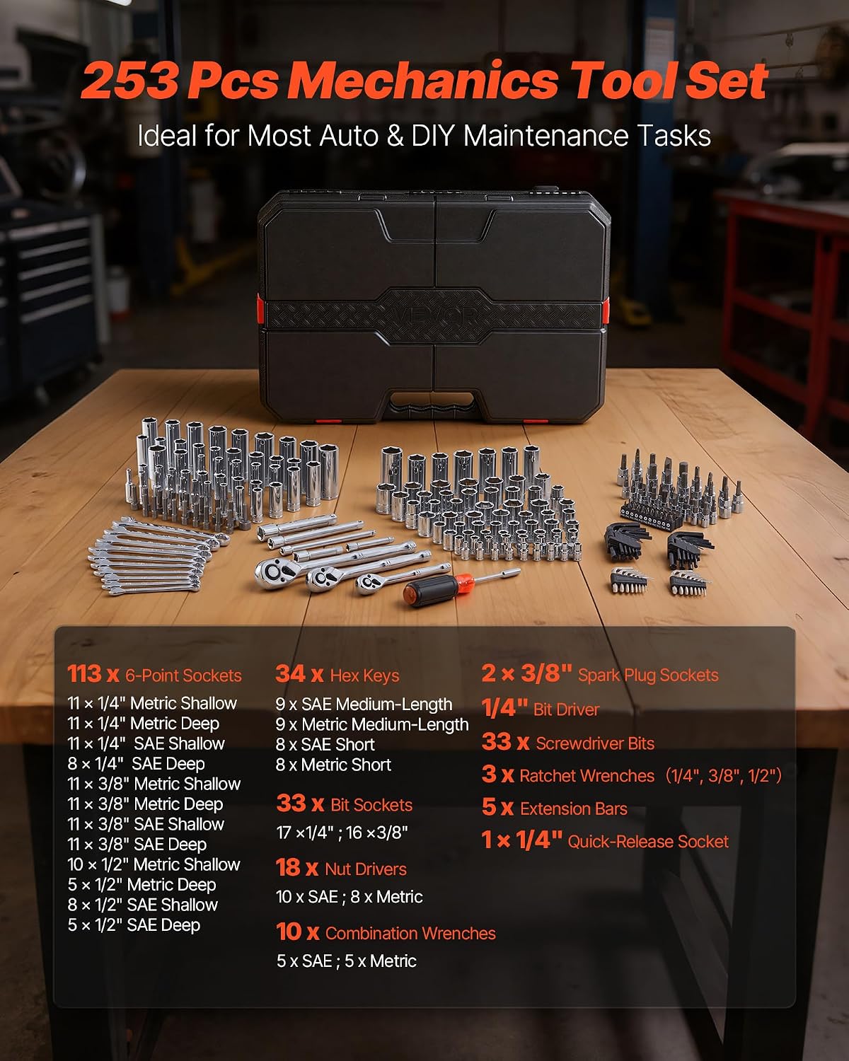 VEVOR Mechanics Tool Set, 253-Piece Mechanic Tool Kit, 1/4 in, 3/8 in, and 1/2 in Drive, SAE and Metric Socket Set, Wrenches, Screwdriver Bits, Accessories, and Storage Case, for Automotive Repair
