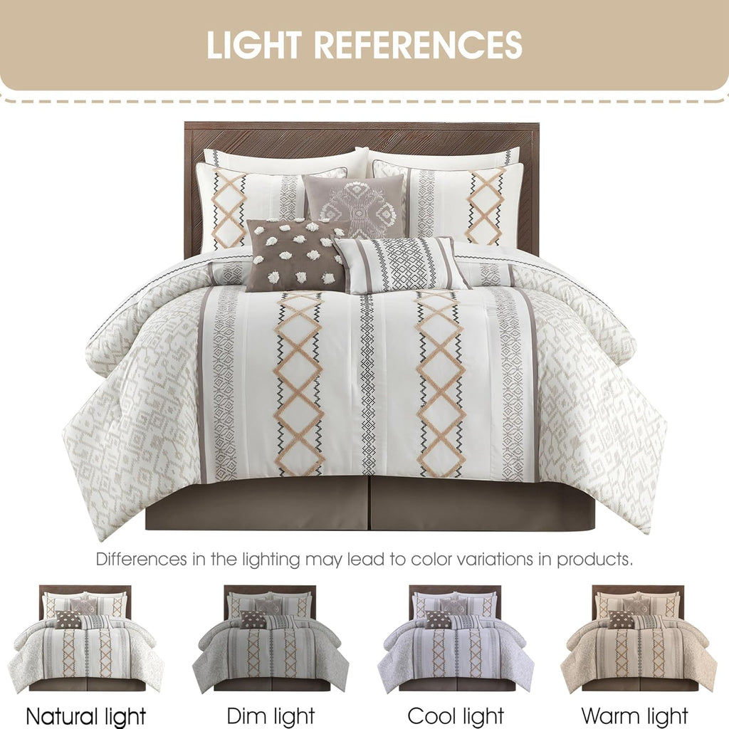 Grand Avenue Taupe Comforter Set King Size, 15 Piece Terry Embroidery All Season Room-in-A-Bag, Matching Curtains, Sheet Set, Pillows & Shams
