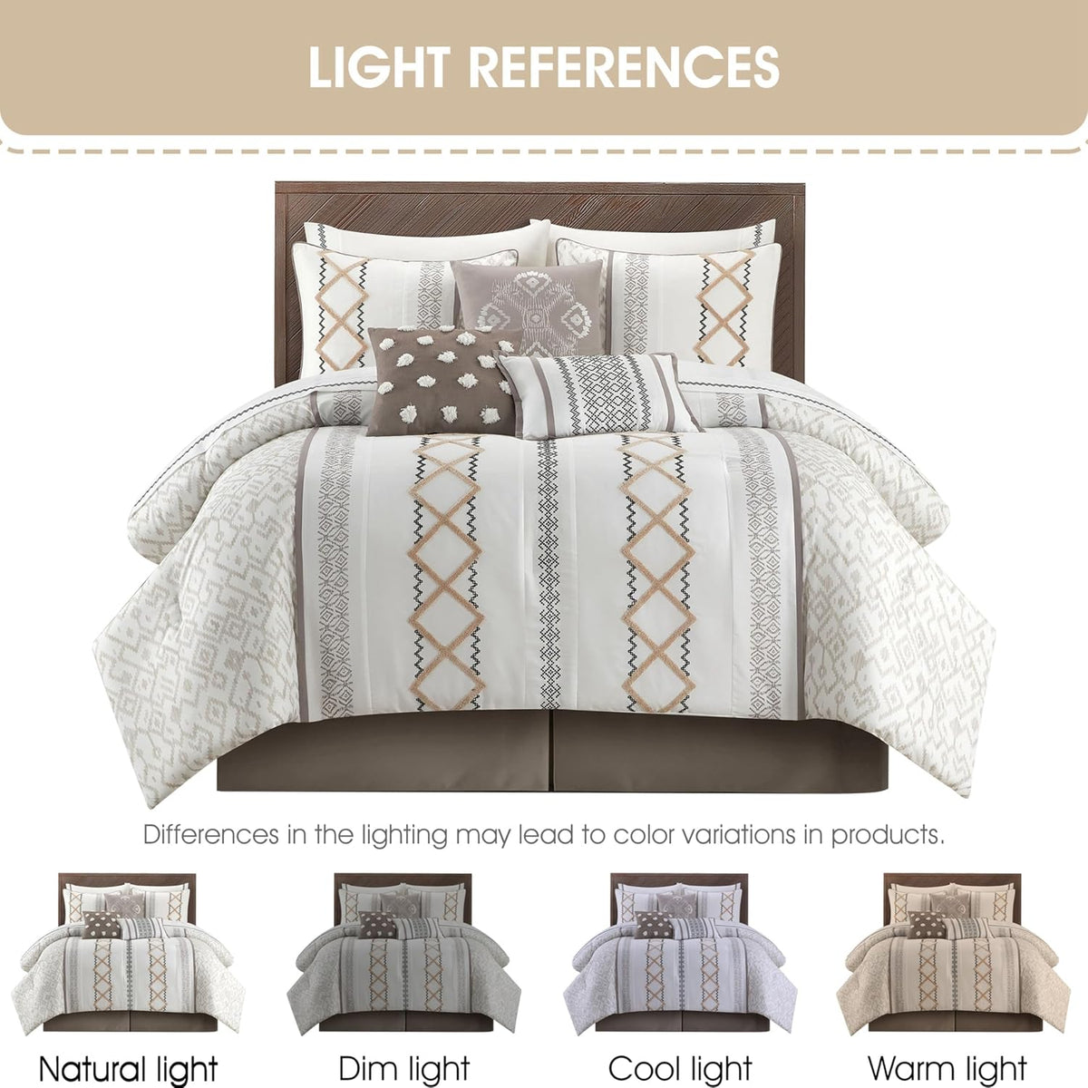 Grand Avenue Taupe Comforter Set California King Size, 15 Piece Terry Embroidery All Season Room-in-A-Bag, Matching Curtains, Sheet Set, Pillows & Shams