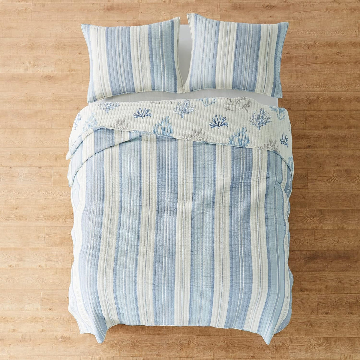 Levtex Home - Ipanema Quilt Set - Full/Queen Quilt + Two Standard Pillow Shams - Coastal - Blue, Taupe and Cream - Quilt Size (88x92in.) and Pillow Sham Size (26x20in.) - Reversible - Cotton Fabric