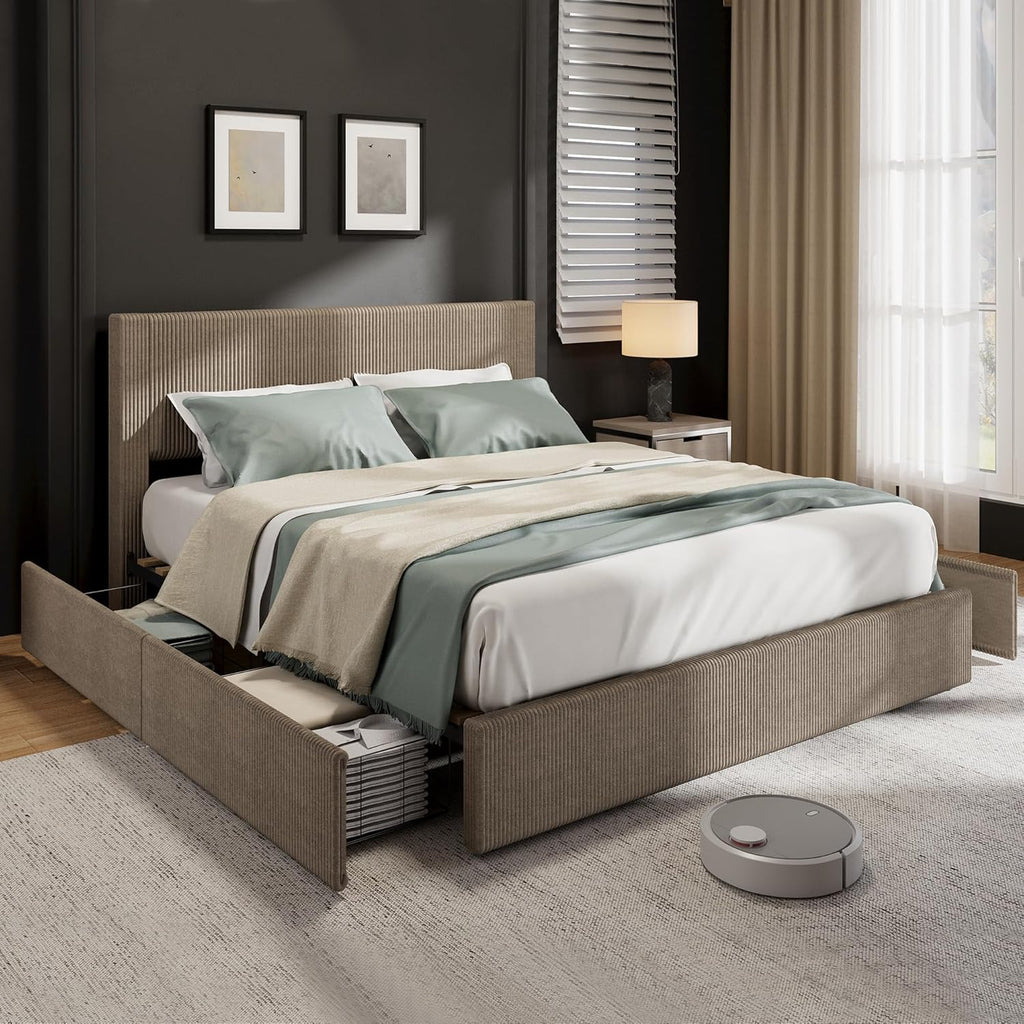 GarveeHome Bed Frame, Full Size Platform Bed Frame with 4 Storage Drawers, Upholstered Corduroy Channel Tufted Headboard Bed Frame with Strong Wooden Slat Support, No Box Spring Needed, Brown