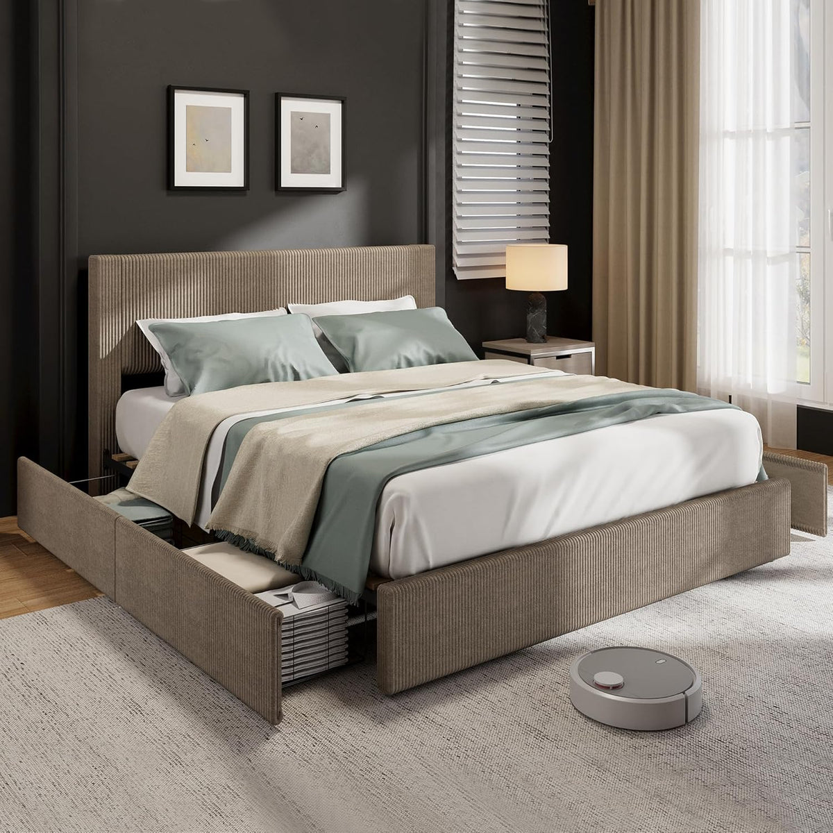 GarveeHome Bed Frame, Full Size Platform Bed Frame with 4 Storage Drawers, Upholstered Corduroy Channel Tufted Headboard Bed Frame with Strong Wooden Slat Support, No Box Spring Needed, Brown