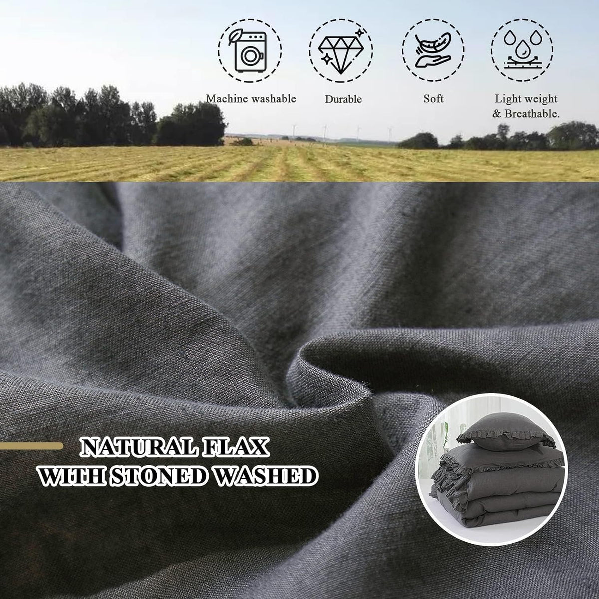 Simple&Opulence 100% Linen Duvet Cover Set, 3 PCS Natural French Flax Dark Grey Ruffle Duvet Cover Queen Size, Breathable Comfy Linen Bedding Comforter Cover with 2 Pillowcases (Dark Grey, 88' X 92')