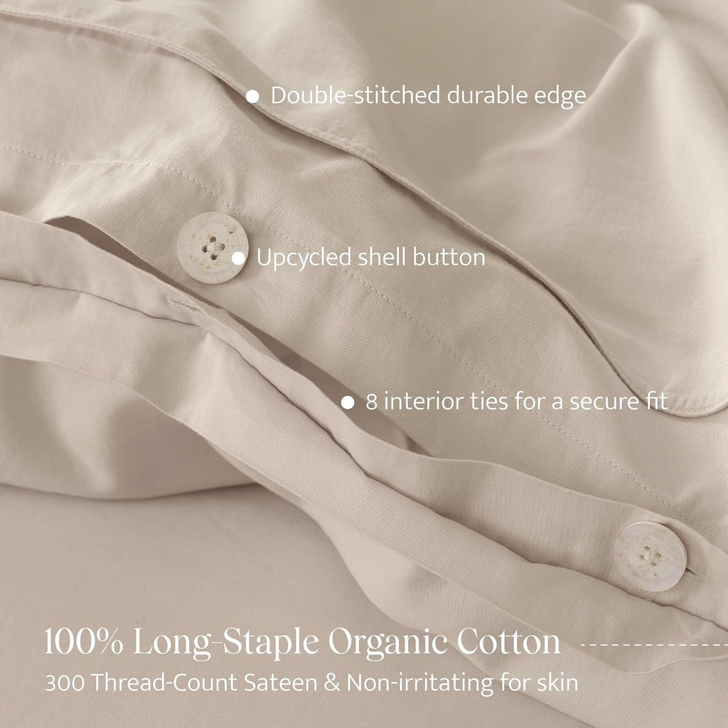 Double Stitch 100% GOTS Organic Cotton Duvet Cover, Washed Cotton King Size Duvet Covers Set, 300 TC Luxury Hotel Sateen Weave 3PCS Bedding Set, Soft Long Staple Cotton, Made in India, Warm Greige