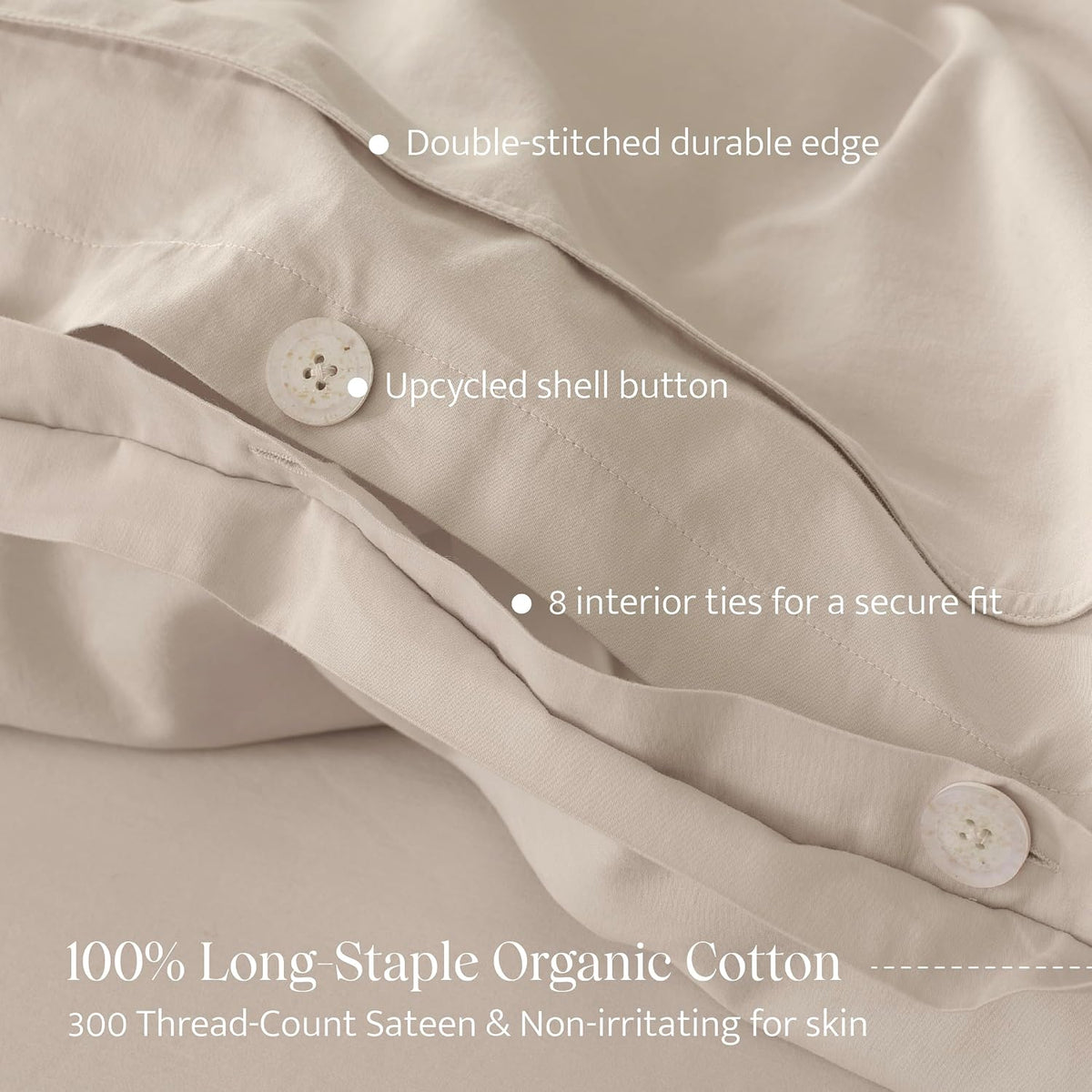 Double Stitch 100% GOTS Organic Cotton Duvet Cover, Washed Cotton King Size Duvet Covers Set, 300 TC Luxury Hotel Sateen Weave 3PCS Bedding Set, Soft Long Staple Cotton, Made in India, Warm Greige