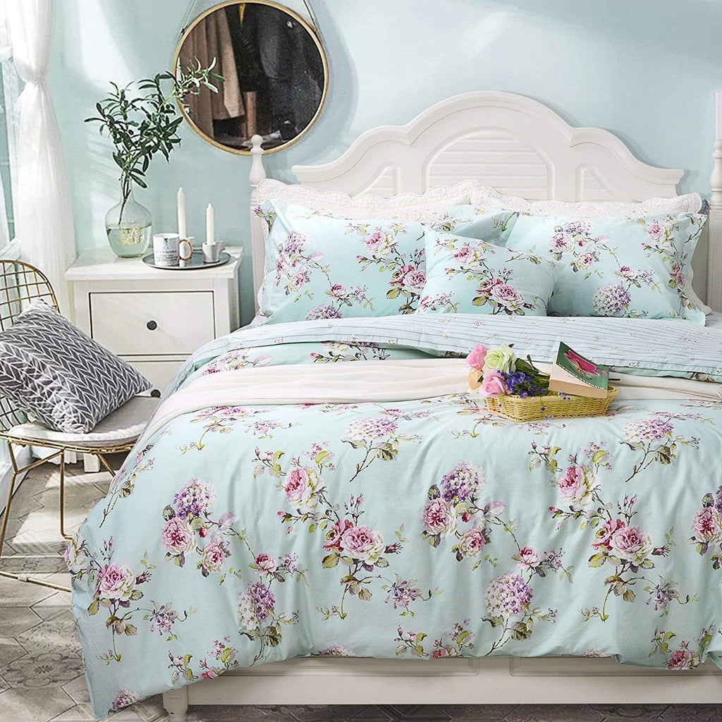 FADFAY Bed in a Bag Set 7-Pieces Shabby Floral Bedding Set Queen Size Premium 100% Cotton Hydrangea French Country Deep Pocket Sheets Zipper Duvet Cover Pillow Shams Set