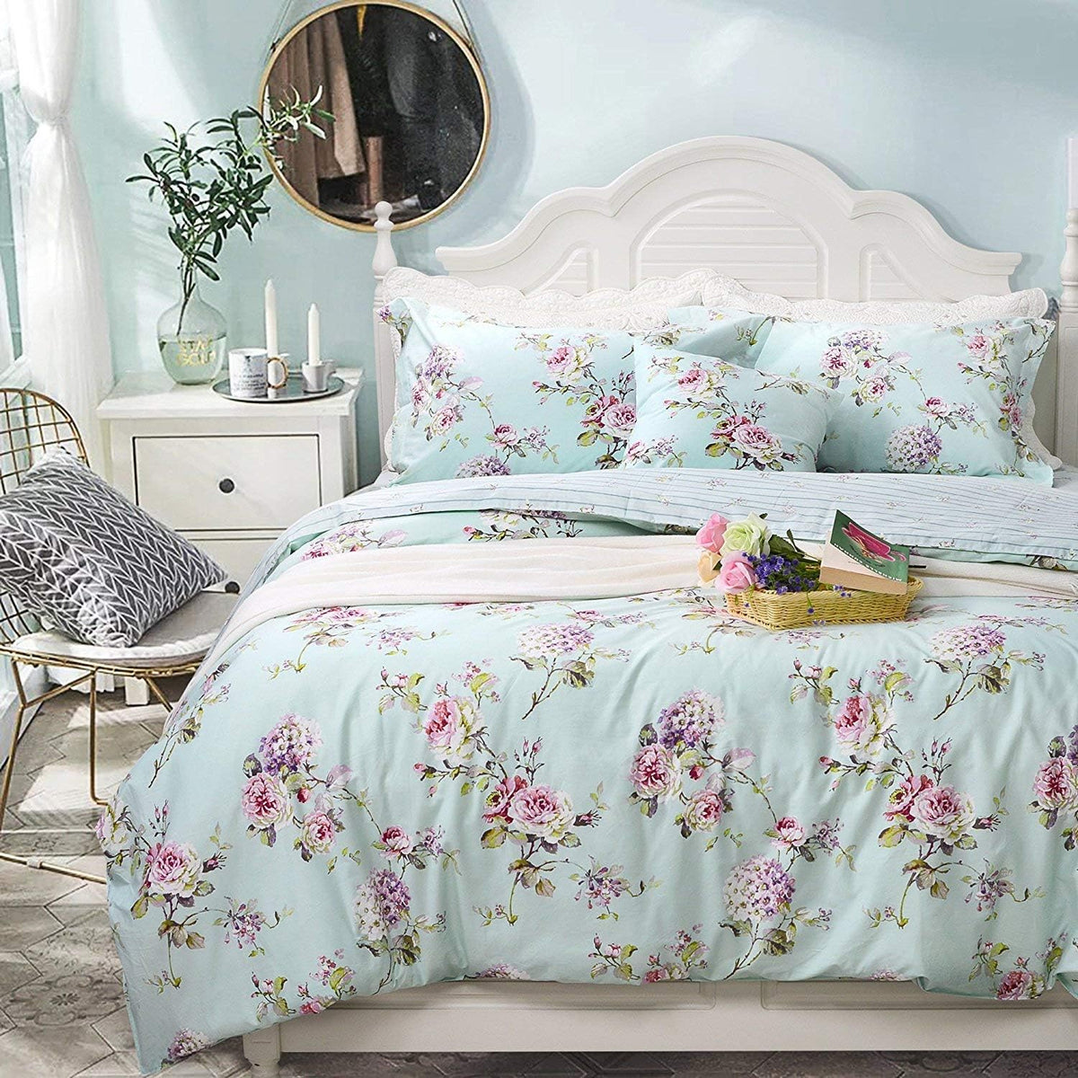 FADFAY Bed in a Bag Set 7-Pieces Shabby Floral Bedding Set Queen Size Premium 100% Cotton Hydrangea French Country Deep Pocket Sheets Zipper Duvet Cover Pillow Shams Set