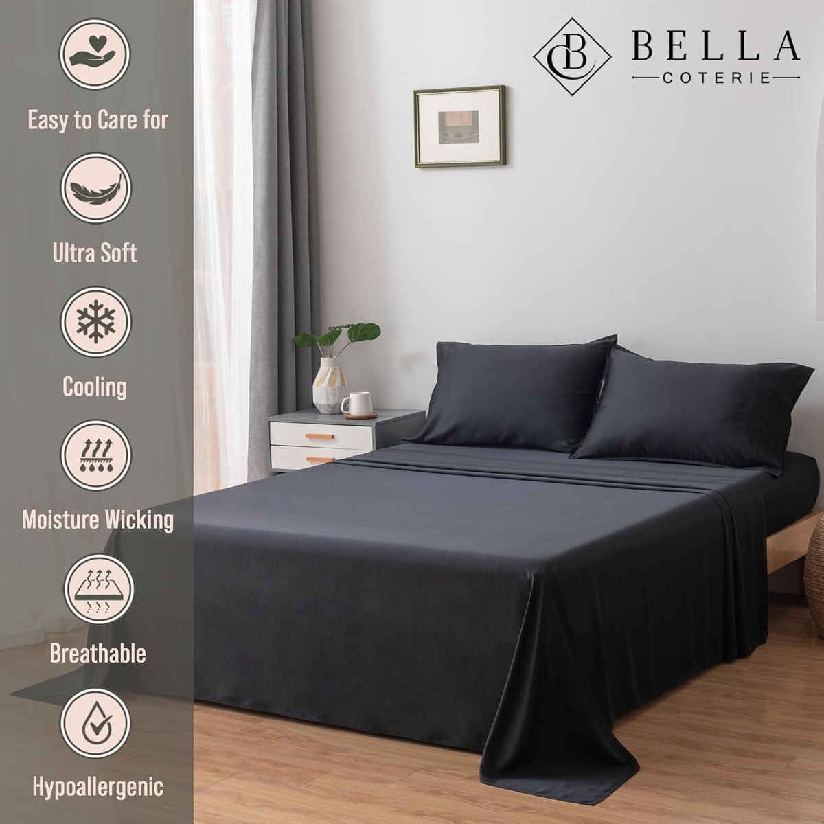 Bella Coterie Luxury Bamboo Viscose King Size Sheet Set | 100% Organically Grown | Ultra Soft | Cooling for Hot Sleepers | 18' Deep Pocket [Black]